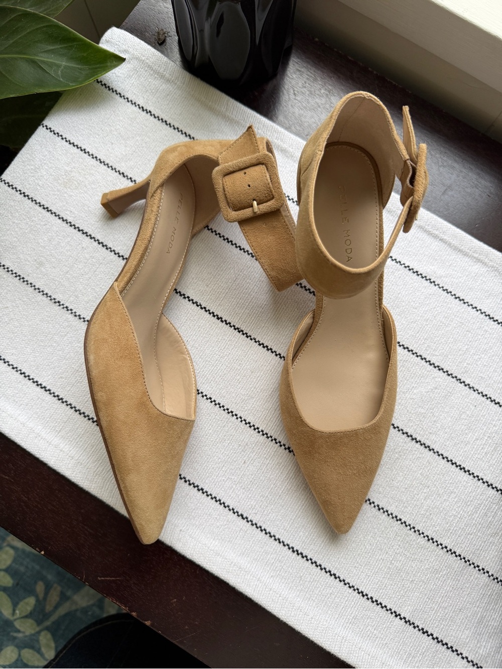 Pelle Moda Camel Suede Pointed Toe Ankle Strap Heels